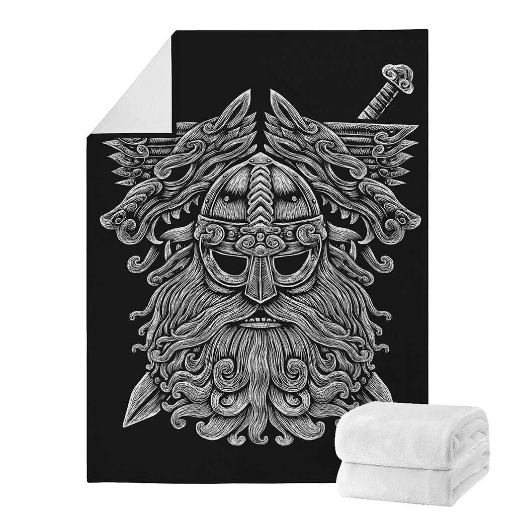 Black And White Odin With Wolfs Print Blanket