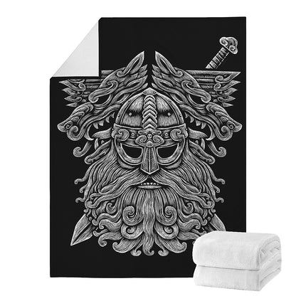 Black And White Odin With Wolfs Print Blanket