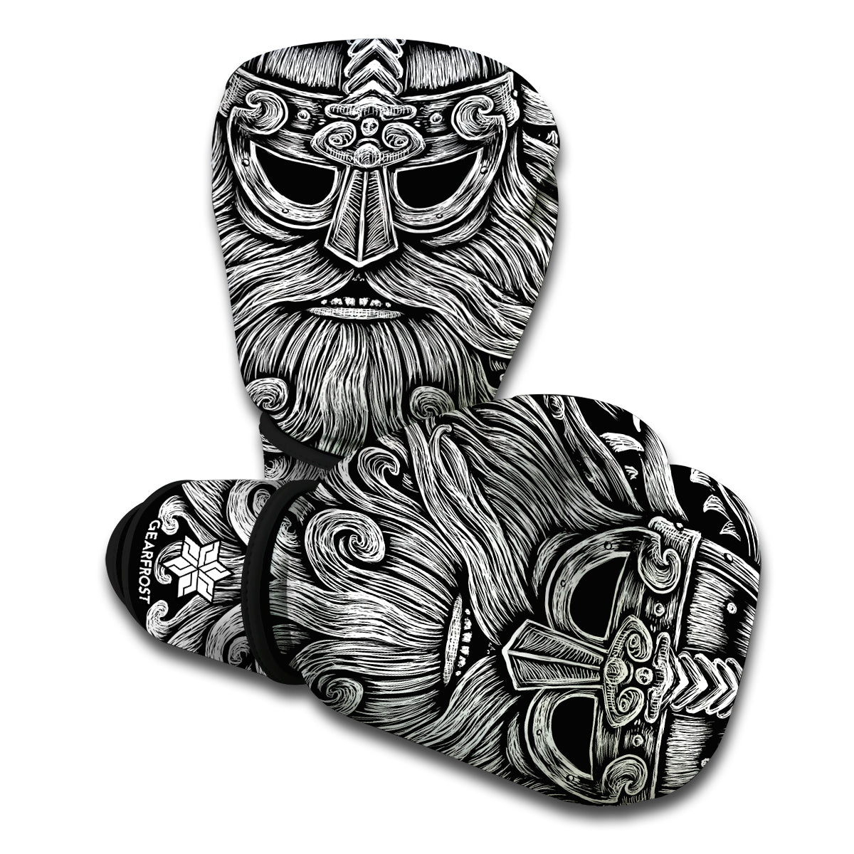 Black And White Odin With Wolfs Print Boxing Gloves