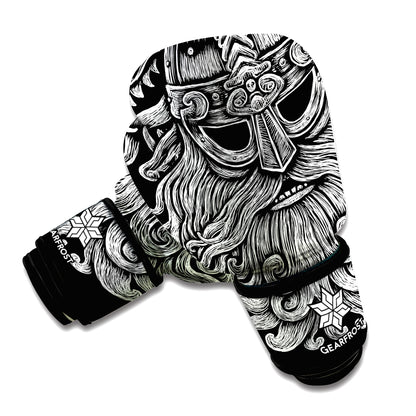 Black And White Odin With Wolfs Print Boxing Gloves