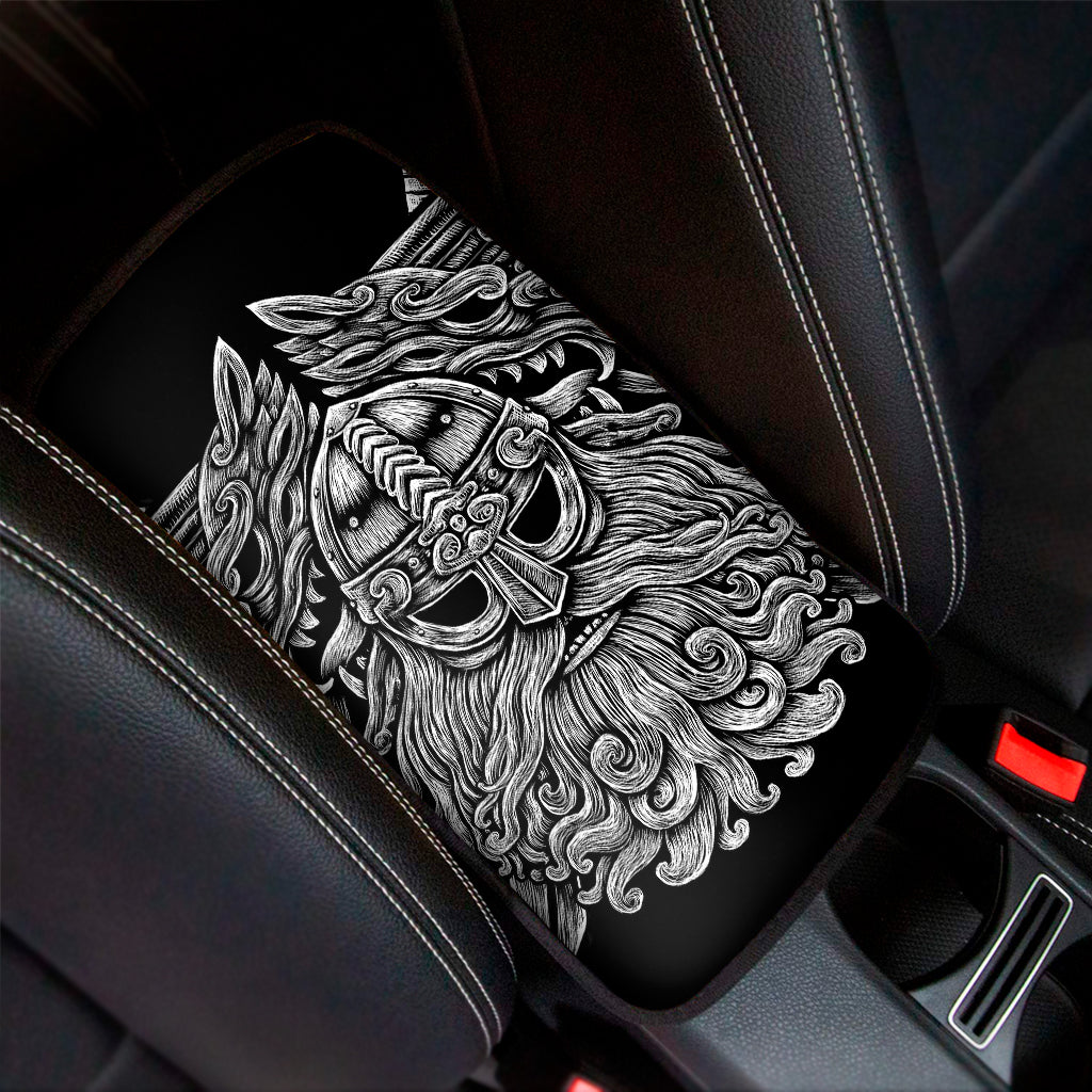 Black And White Odin With Wolfs Print Car Center Console Cover