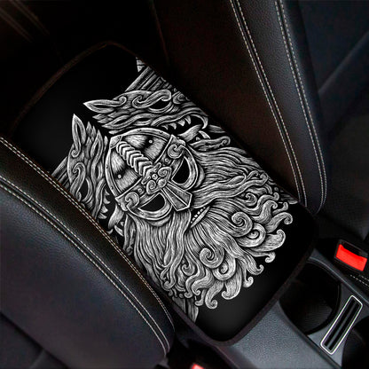 Black And White Odin With Wolfs Print Car Center Console Cover