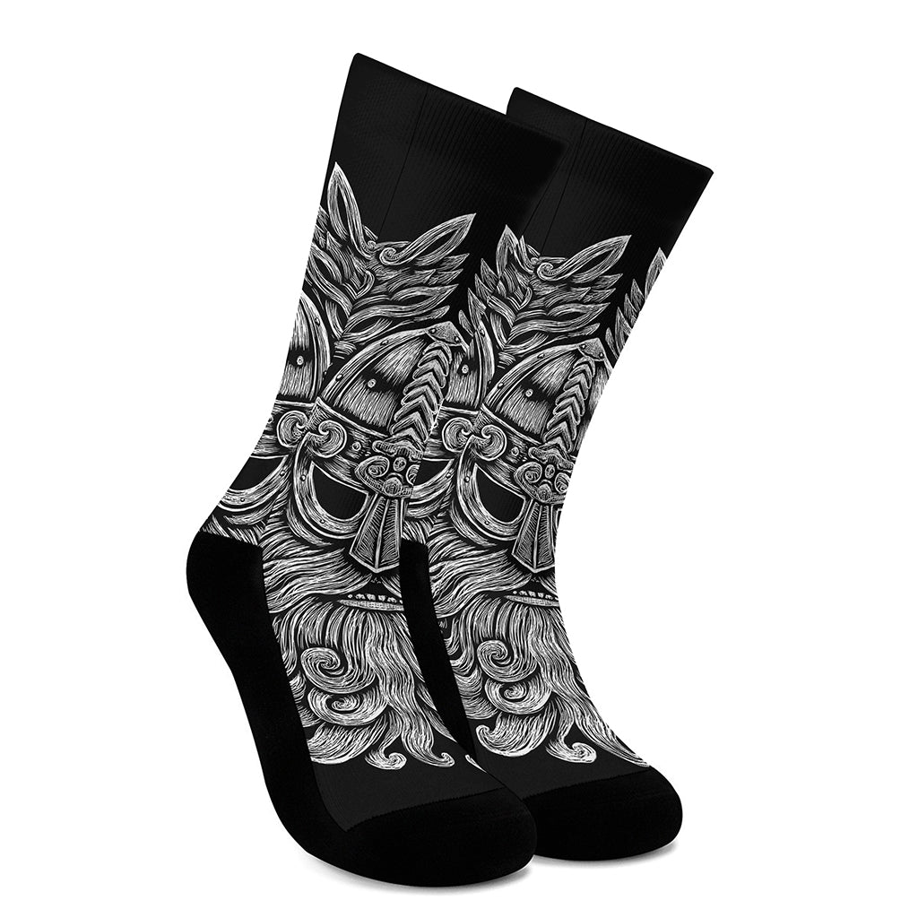 Black And White Odin With Wolfs Print Crew Socks