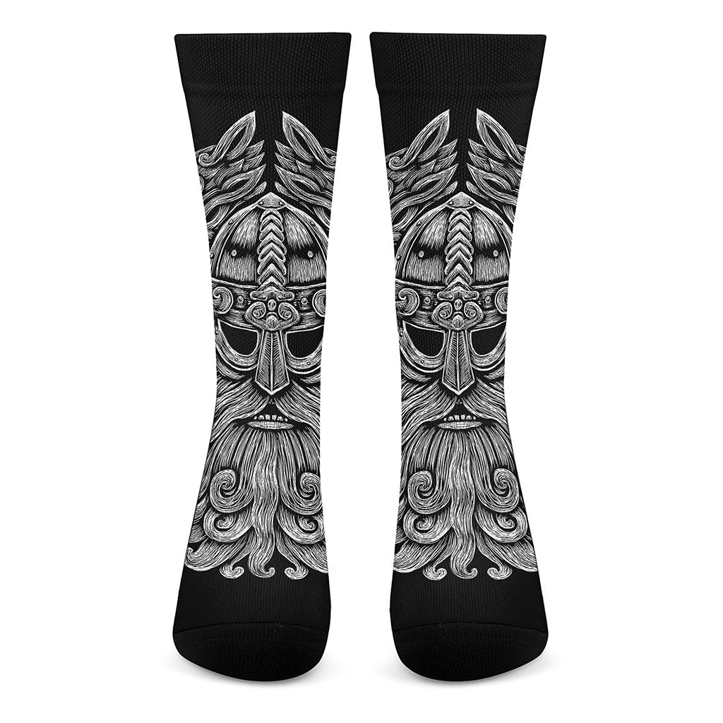 Black And White Odin With Wolfs Print Crew Socks