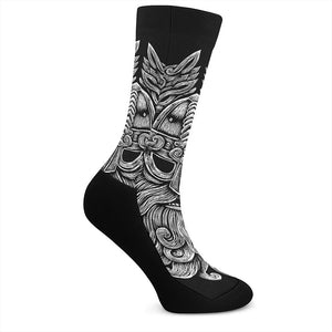 Black And White Odin With Wolfs Print Crew Socks