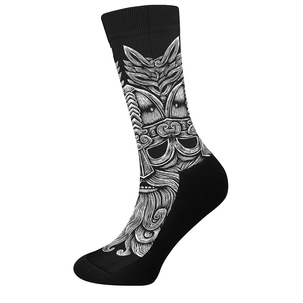 Black And White Odin With Wolfs Print Crew Socks