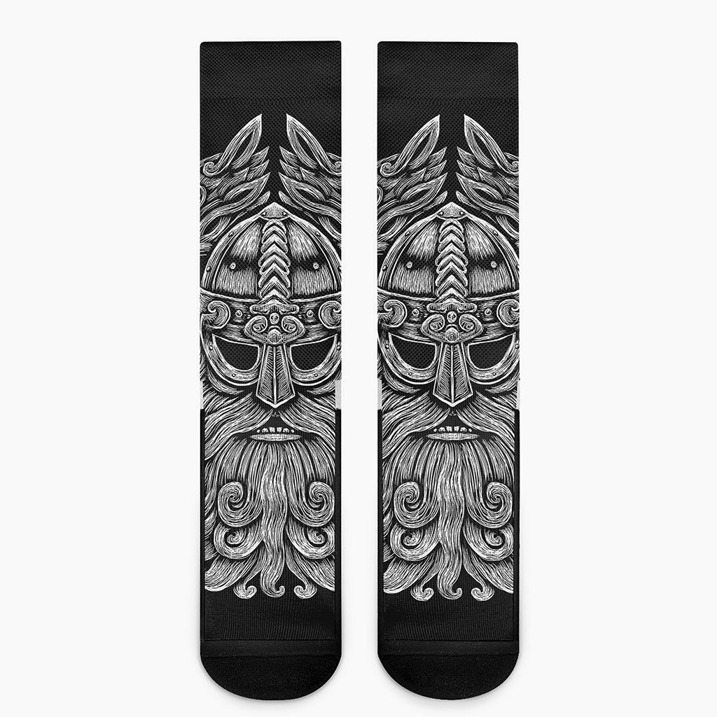 Black And White Odin With Wolfs Print Crew Socks