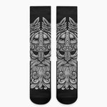 Black And White Odin With Wolfs Print Crew Socks