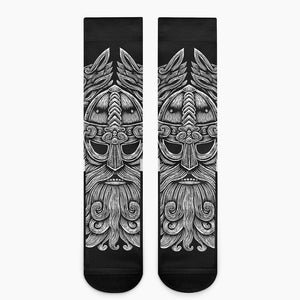 Black And White Odin With Wolfs Print Crew Socks