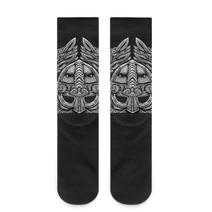 Black And White Odin With Wolfs Print Crew Socks