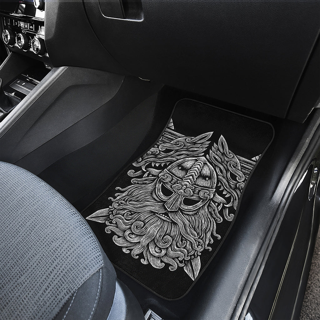 Black And White Odin With Wolfs Print Front and Back Car Floor Mats