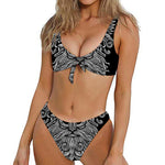 Black And White Odin With Wolfs Print Front Bow Tie Bikini