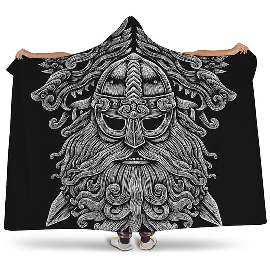 Black And White Odin With Wolfs Print Hooded Blanket