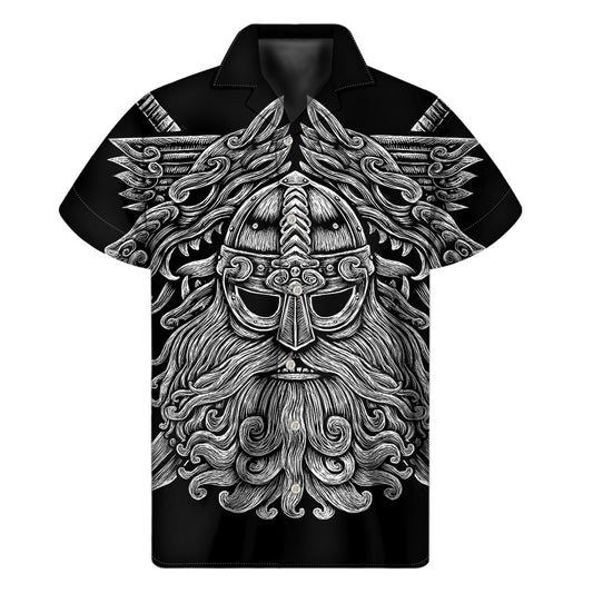 Black And White Odin With Wolfs Print Men's Short Sleeve Shirt
