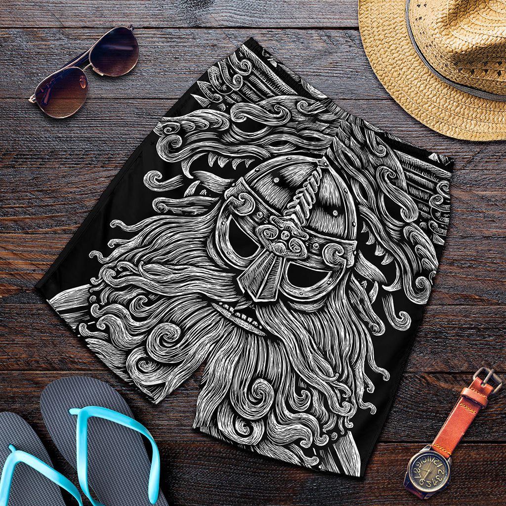 Black And White Odin With Wolfs Print Men's Shorts
