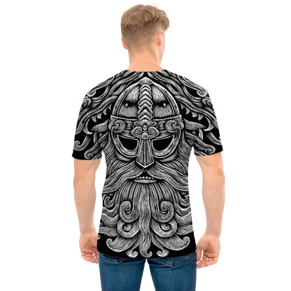 Black And White Odin With Wolfs Print Men's T-Shirt