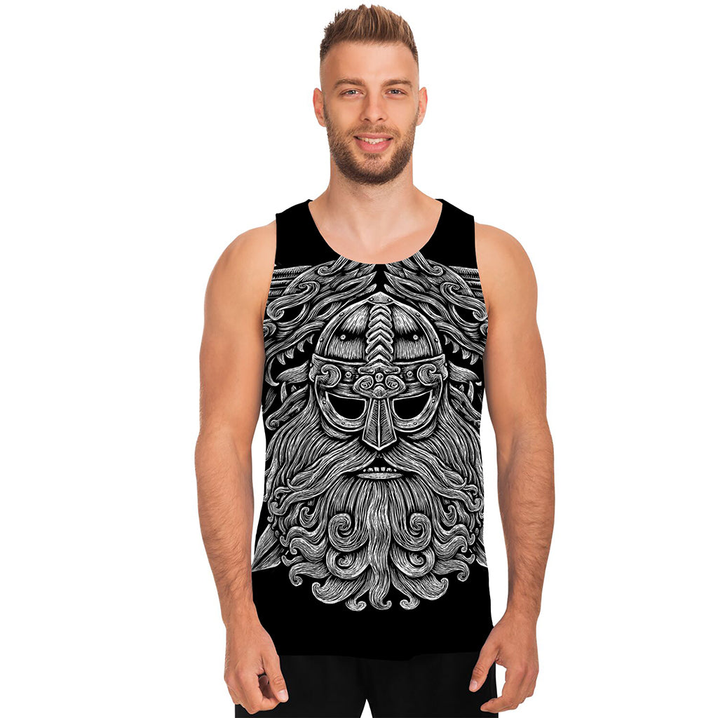 Black And White Odin With Wolfs Print Men's Tank Top