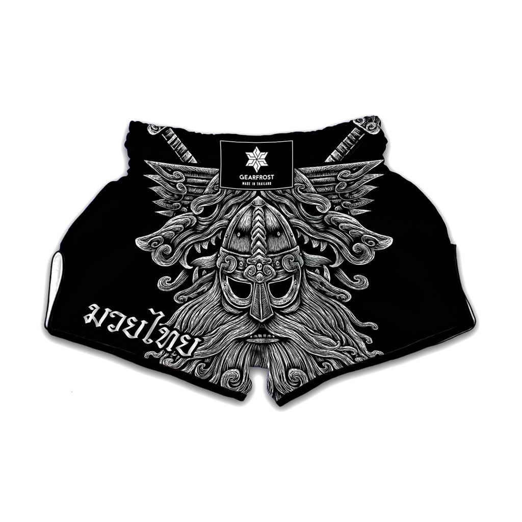 Black And White Odin With Wolfs Print Muay Thai Boxing Shorts