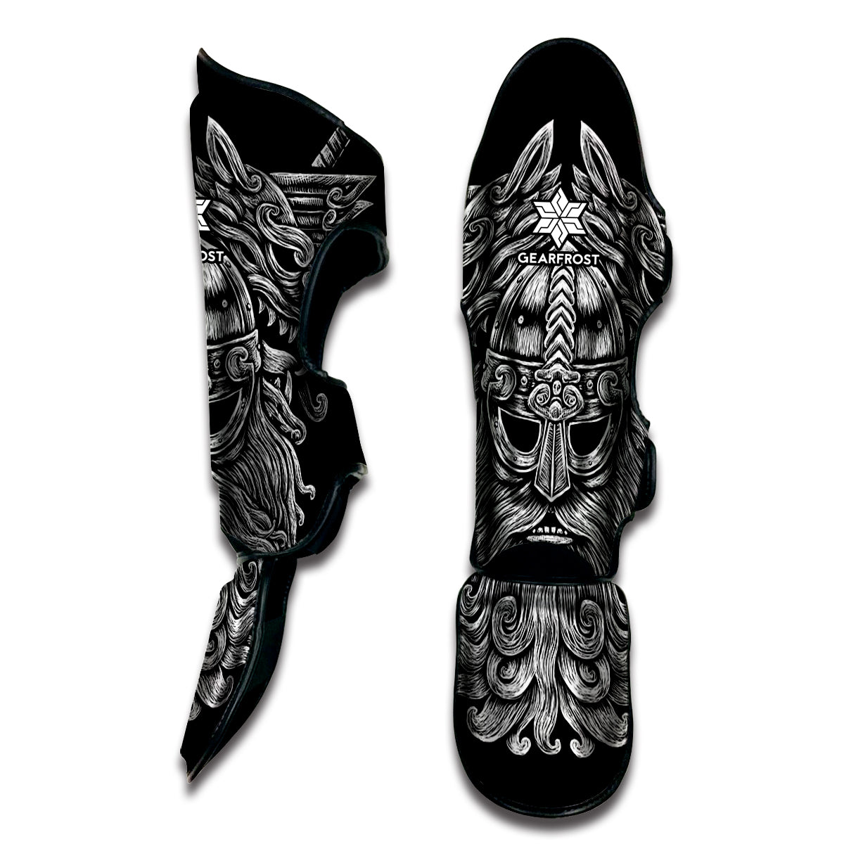 Black And White Odin With Wolfs Print Muay Thai Shin Guard