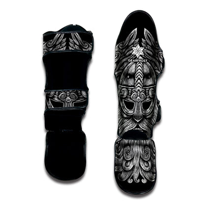 Black And White Odin With Wolfs Print Muay Thai Shin Guard