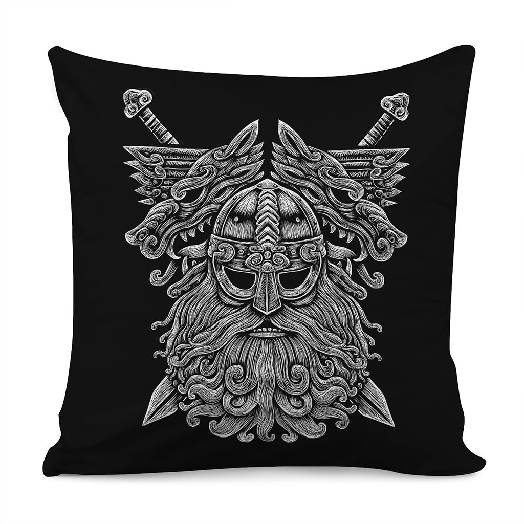 Black And White Odin With Wolfs Print Pillow Cover
