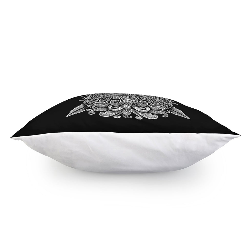 Black And White Odin With Wolfs Print Pillow Cover