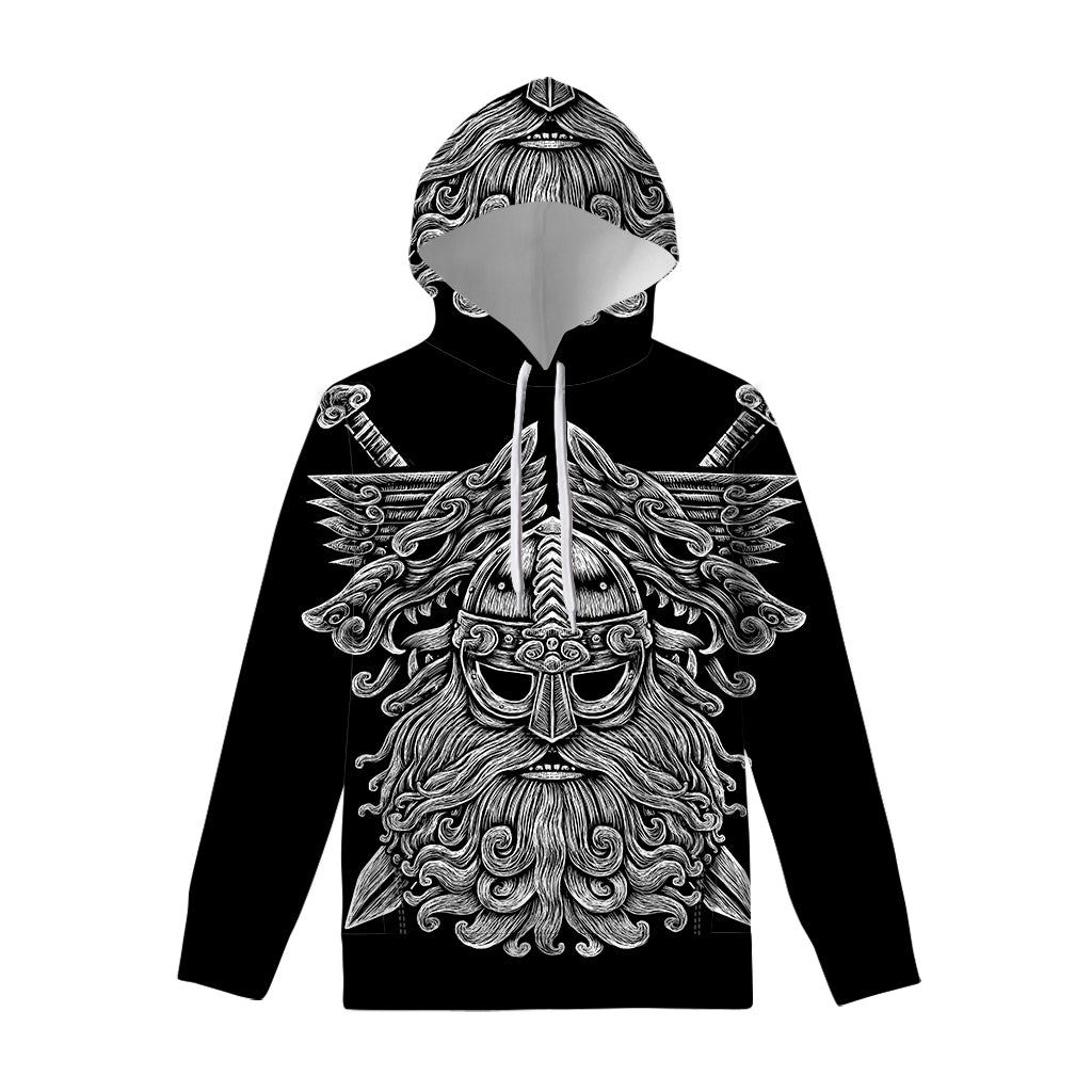 Black And White Odin With Wolfs Print Pullover Hoodie