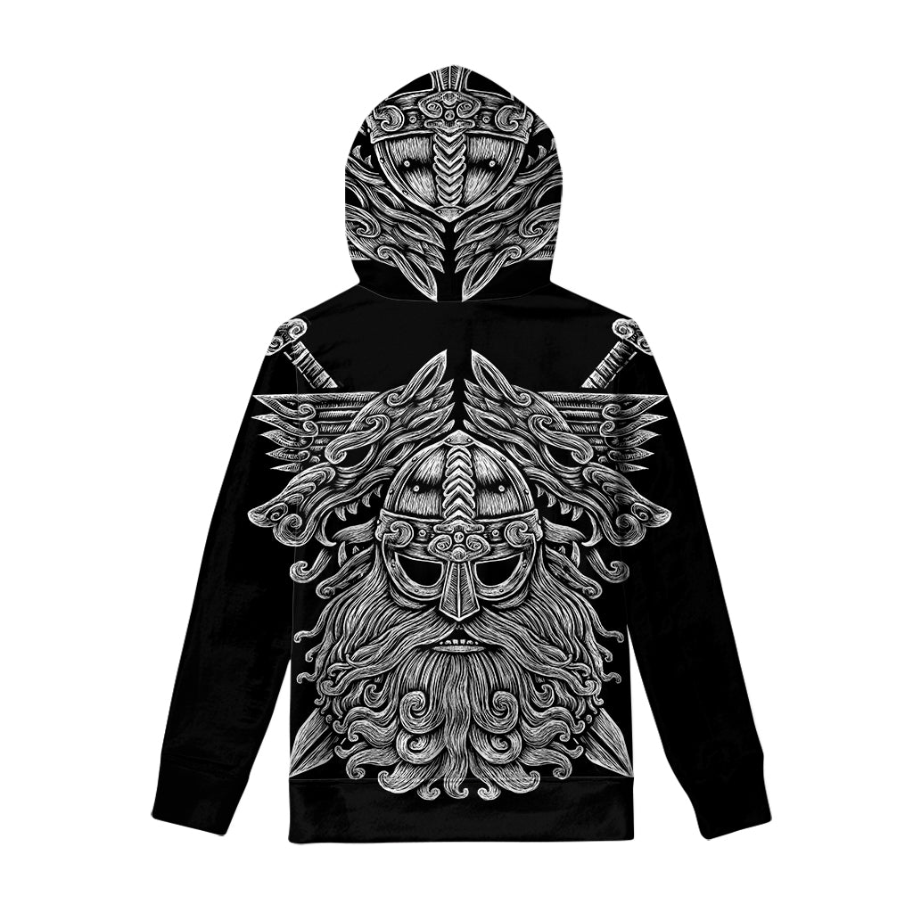Black And White Odin With Wolfs Print Pullover Hoodie