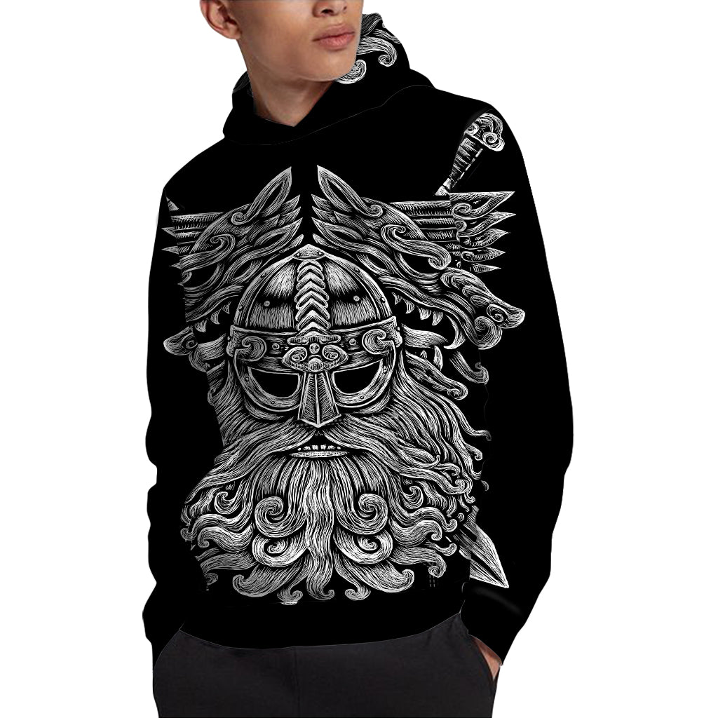 Black And White Odin With Wolfs Print Pullover Hoodie