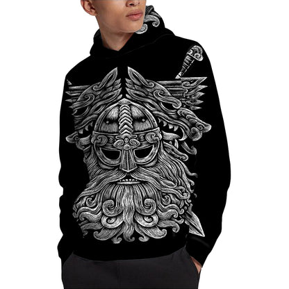 Black And White Odin With Wolfs Print Pullover Hoodie