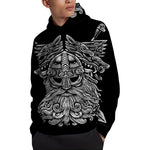 Black And White Odin With Wolfs Print Pullover Hoodie