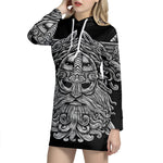 Black And White Odin With Wolfs Print Pullover Hoodie Dress