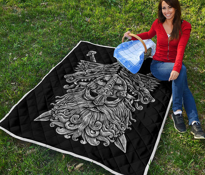 Black And White Odin With Wolfs Print Quilt
