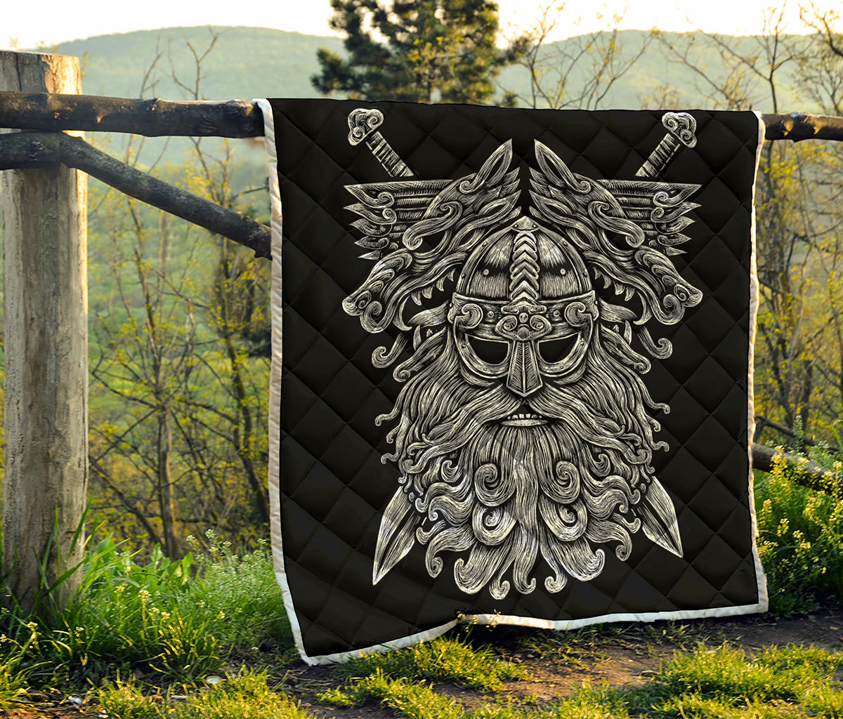 Black And White Odin With Wolfs Print Quilt