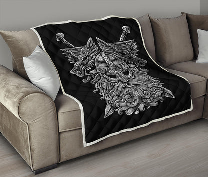 Black And White Odin With Wolfs Print Quilt