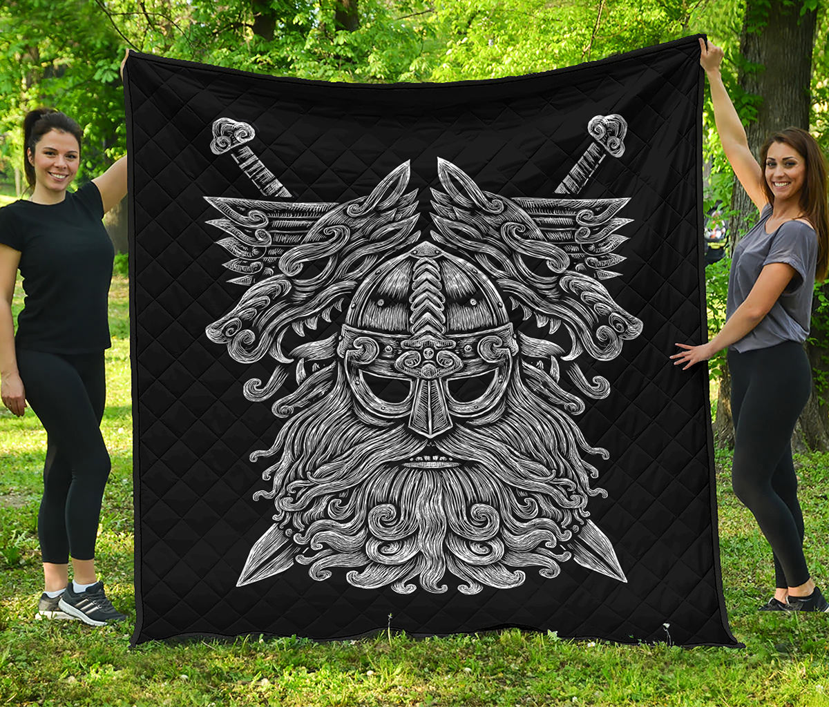 Black And White Odin With Wolfs Print Quilt