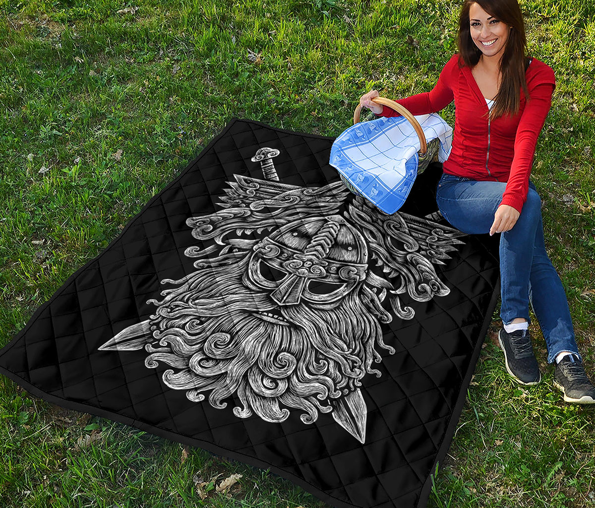 Black And White Odin With Wolfs Print Quilt