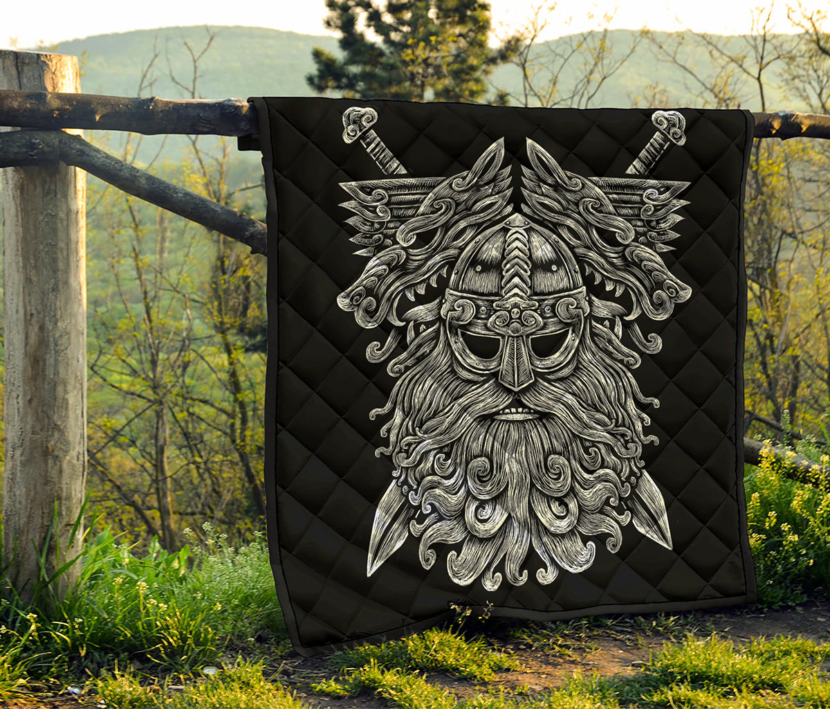 Black And White Odin With Wolfs Print Quilt