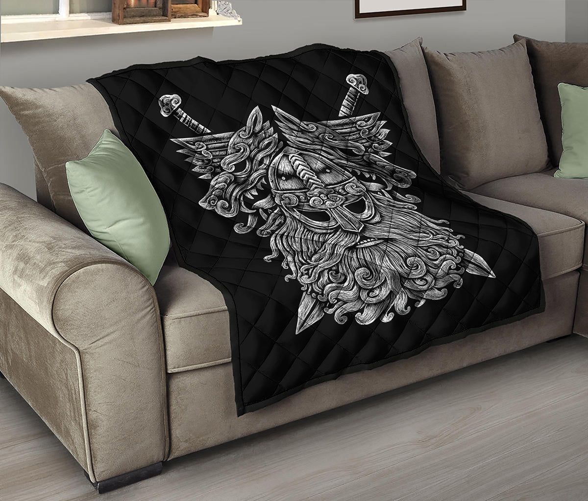 Black And White Odin With Wolfs Print Quilt