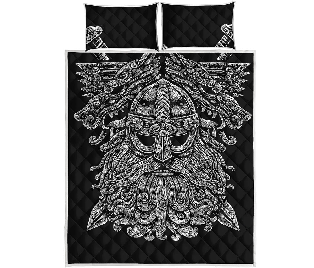 Black And White Odin With Wolfs Print Quilt Bed Set