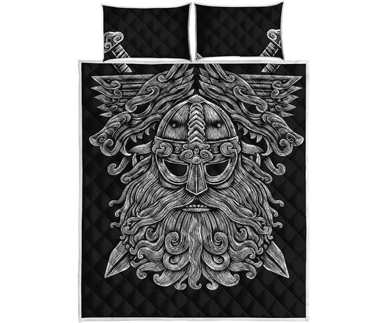 Black And White Odin With Wolfs Print Quilt Bed Set
