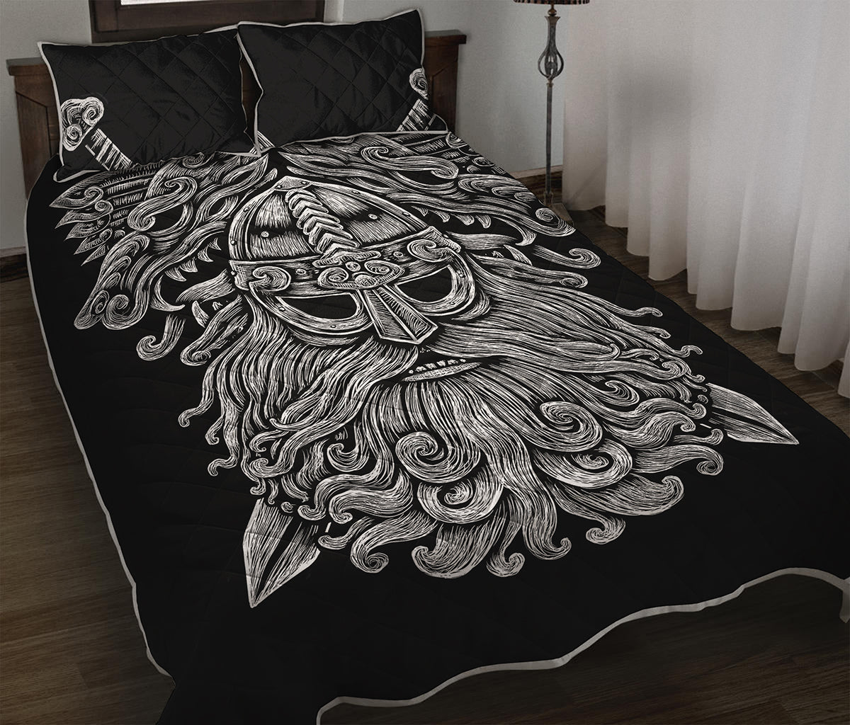 Black And White Odin With Wolfs Print Quilt Bed Set