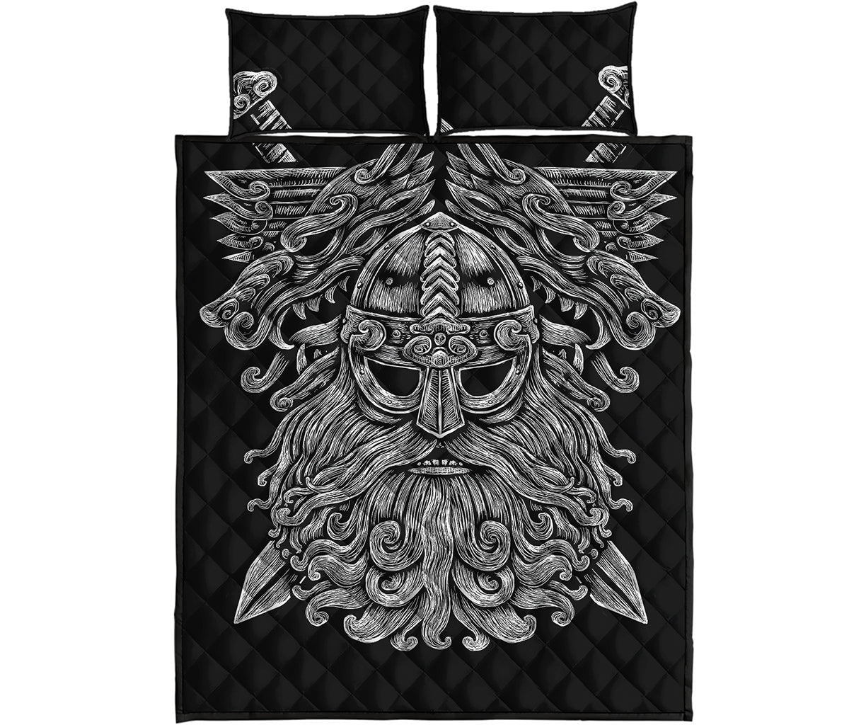 Black And White Odin With Wolfs Print Quilt Bed Set