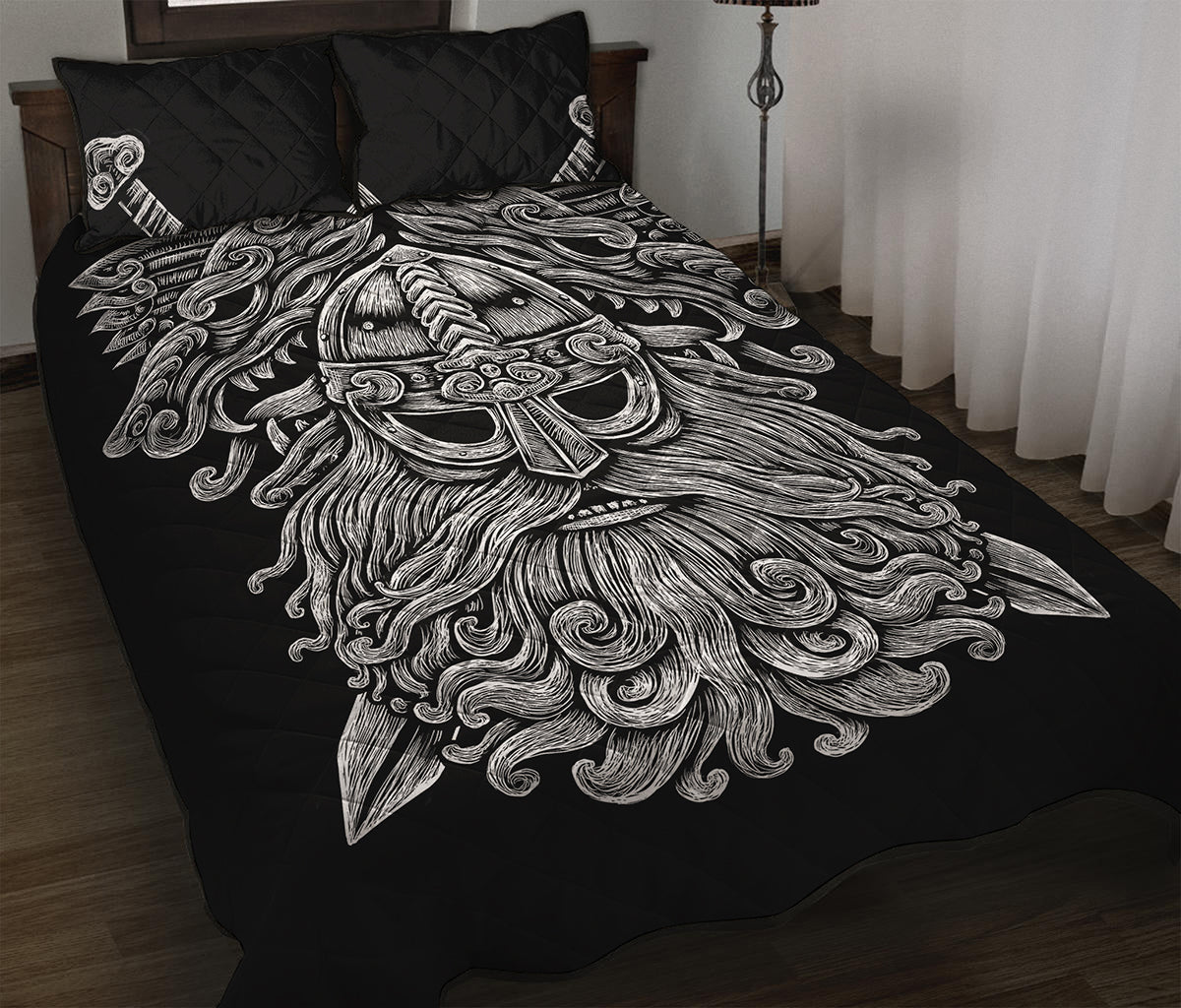 Black And White Odin With Wolfs Print Quilt Bed Set
