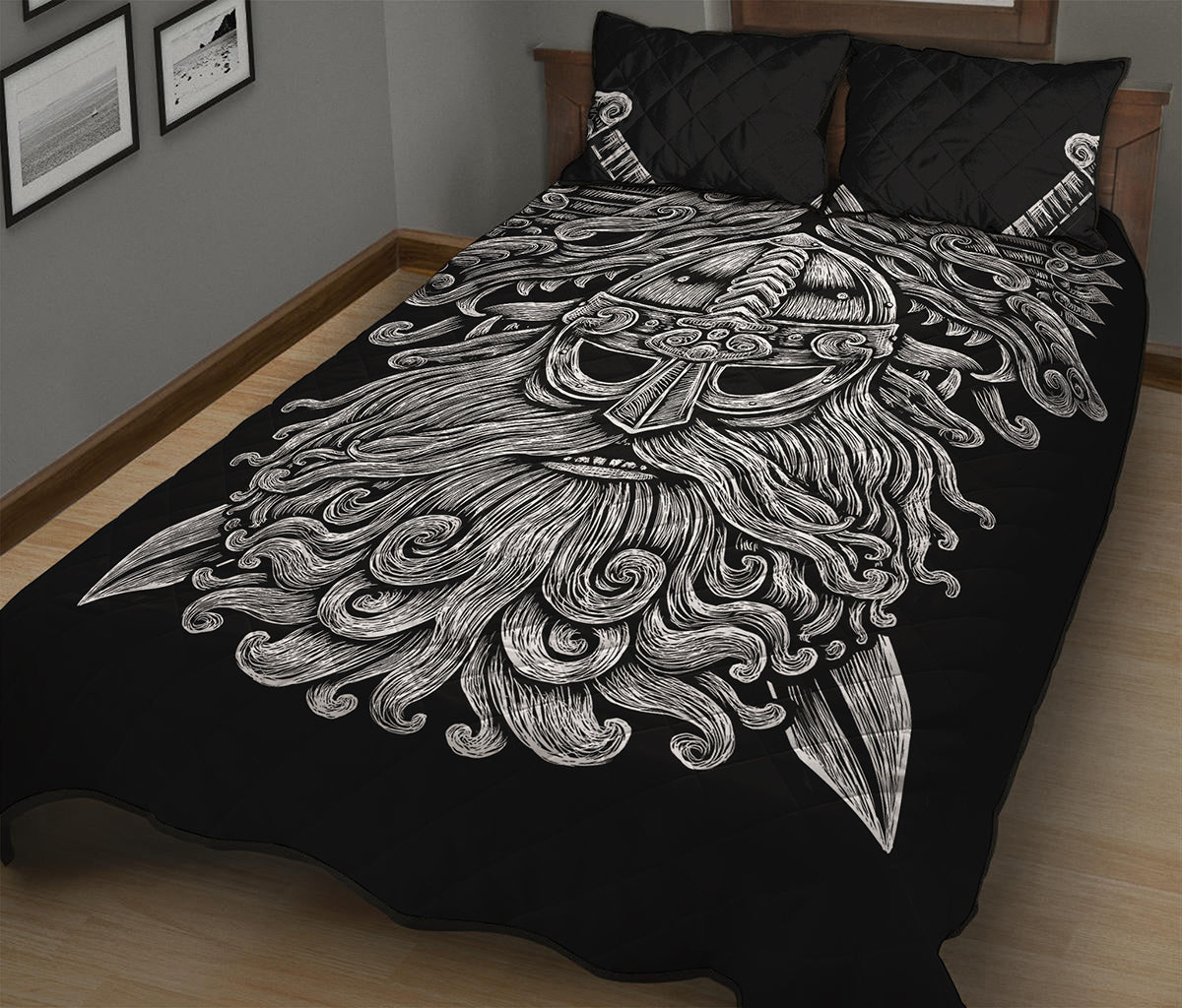 Black And White Odin With Wolfs Print Quilt Bed Set