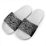 Black And White Odin With Wolfs Print White Slide Sandals