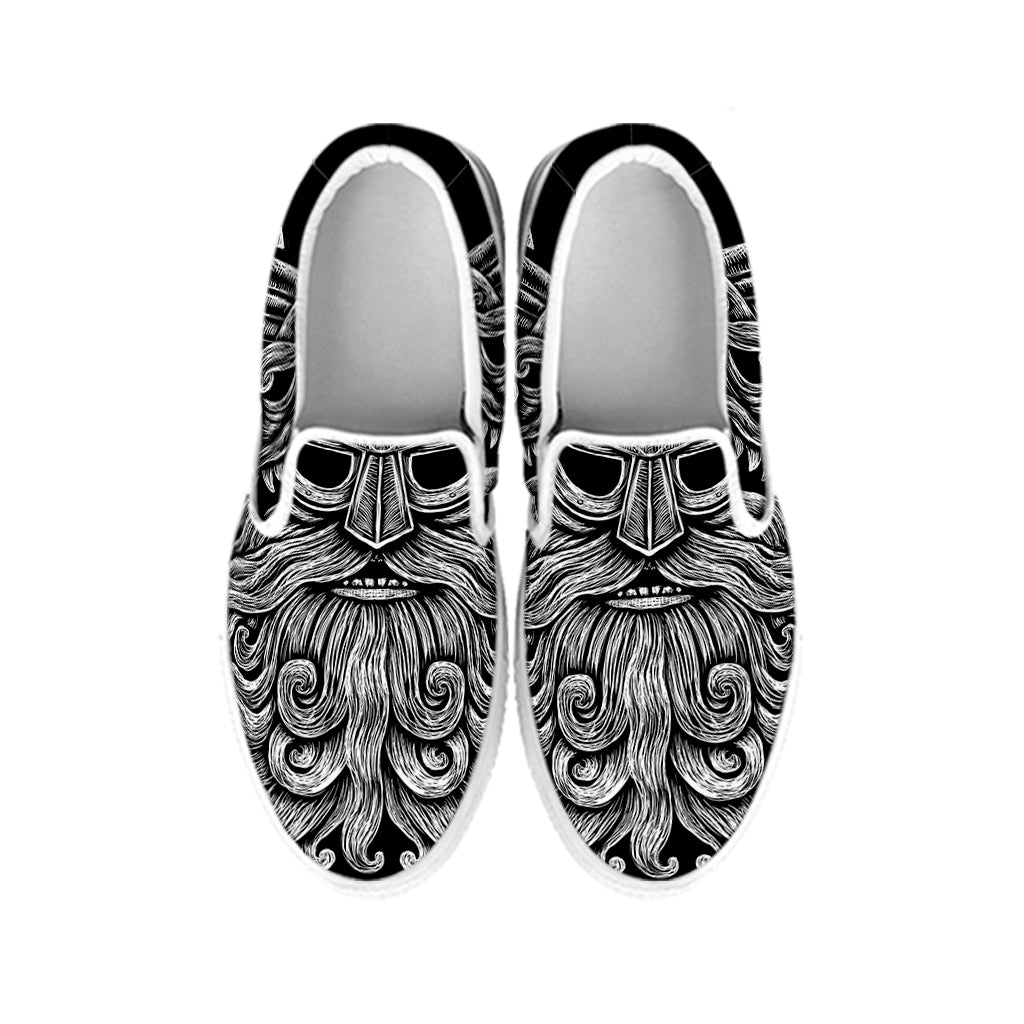 Black And White Odin With Wolfs Print White Slip On Shoes