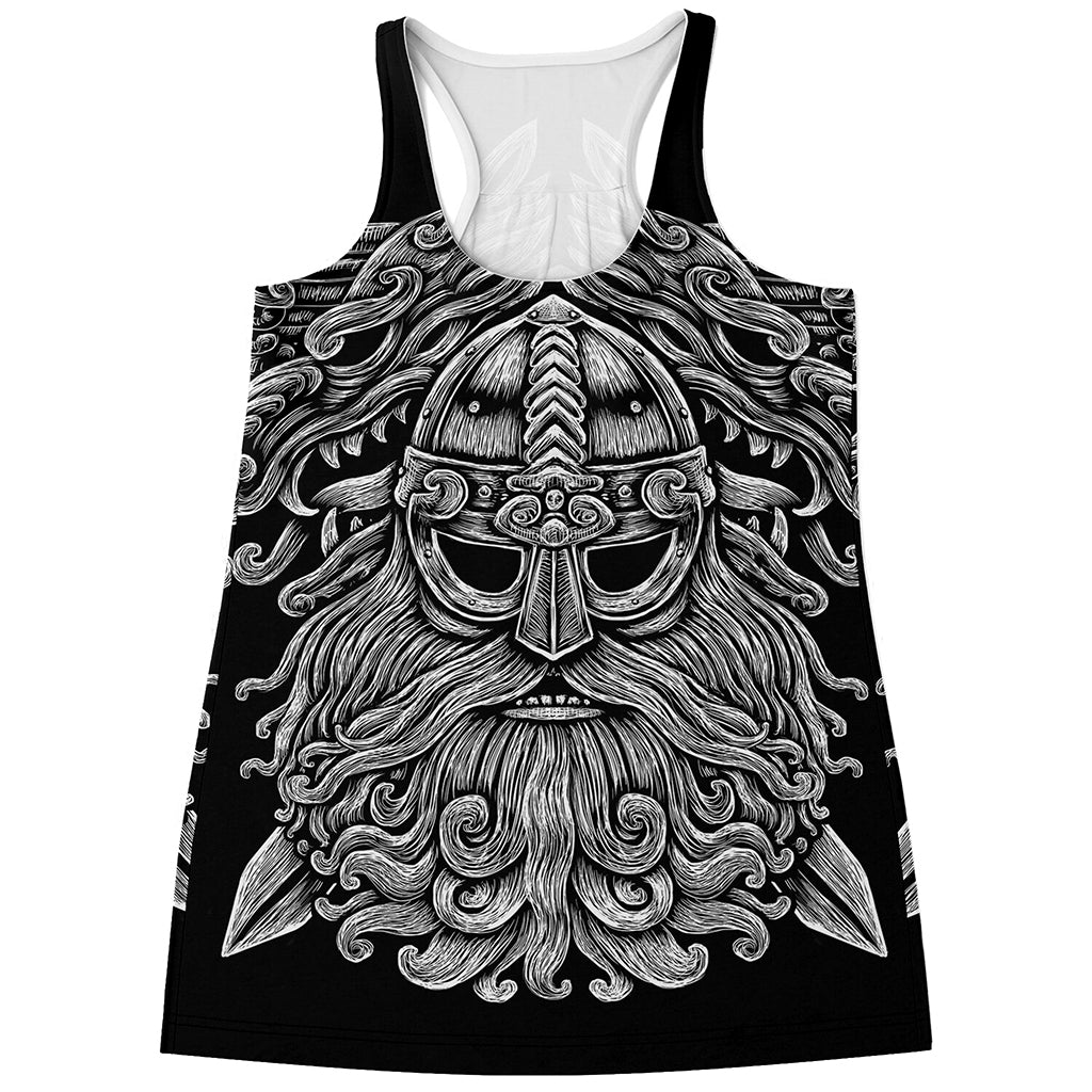 Black And White Odin With Wolfs Print Women's Racerback Tank Top