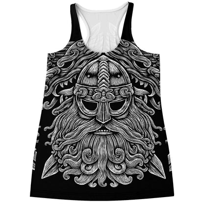 Black And White Odin With Wolfs Print Women's Racerback Tank Top