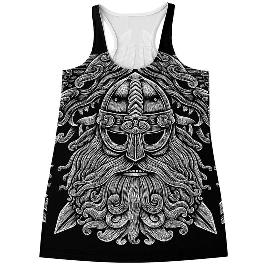 Black And White Odin With Wolfs Print Women's Racerback Tank Top